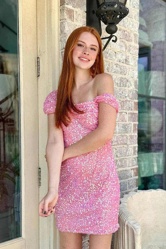 Weitese Dress Sparkly Pink Sequined Tight Homecoming Dress Sleeveless Lace-Up Back Party Dress